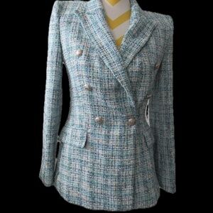 ZARA Plaid Double Breast Teal Blue Long Sleeve Blazer Jacket